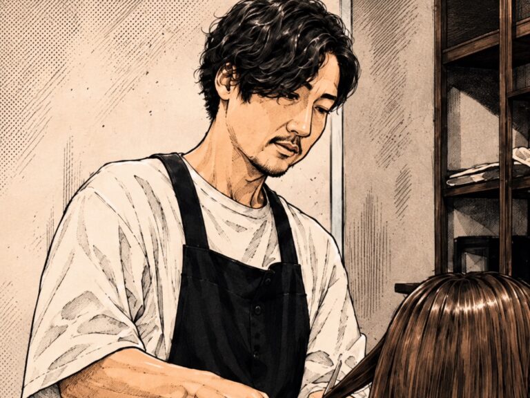 美容師として施術する林真之の漫画風イラスト