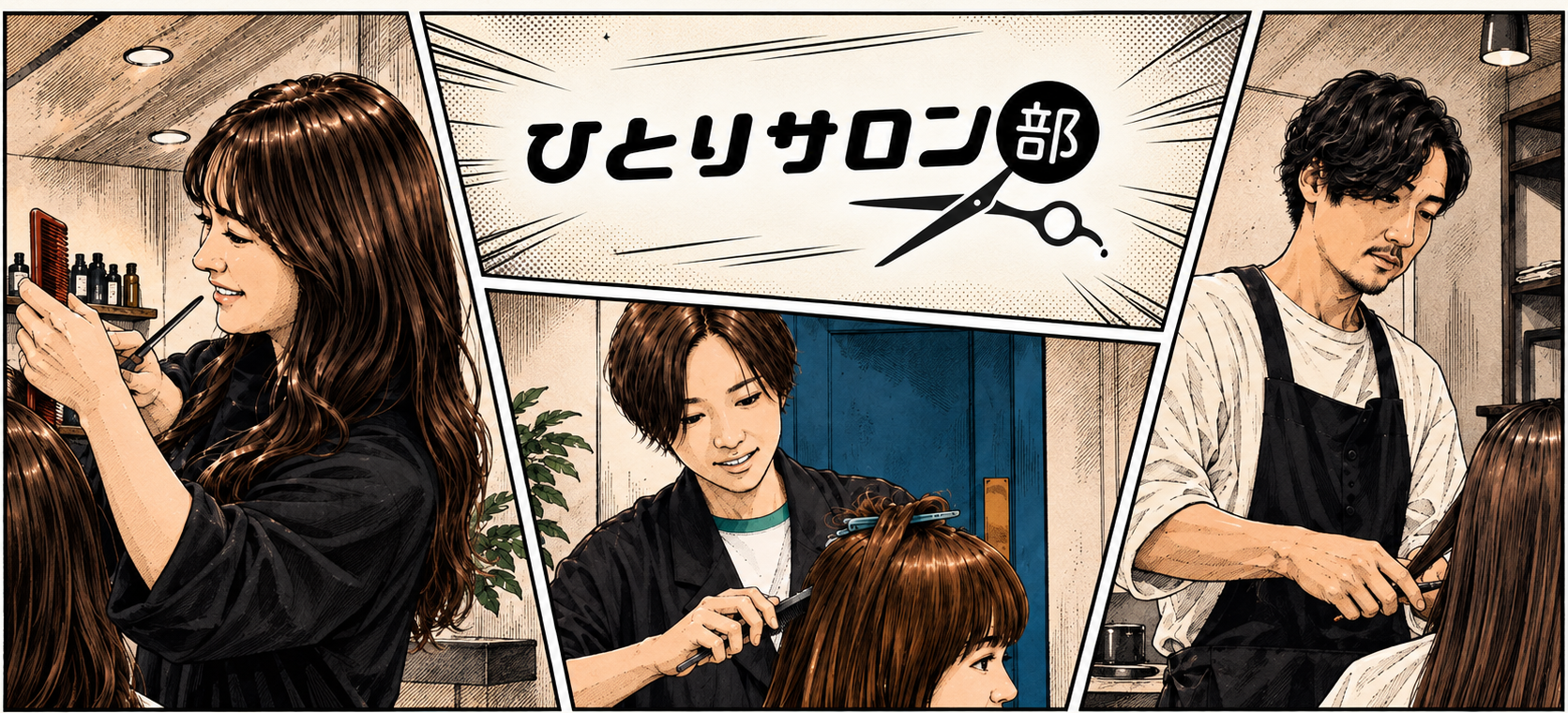 ひとりサロン部の3人の美容師を描いた漫画風メインビジュアル
