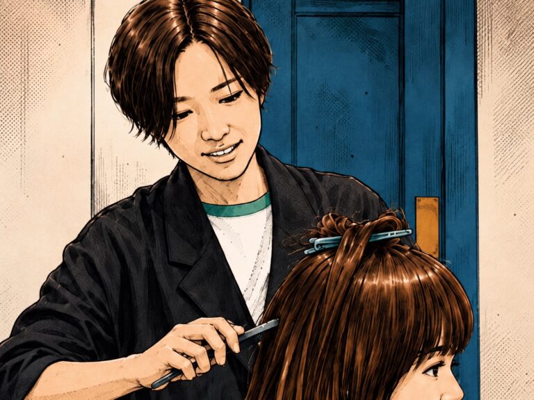 美容師として施術する糸賀千明の漫画風イラスト
