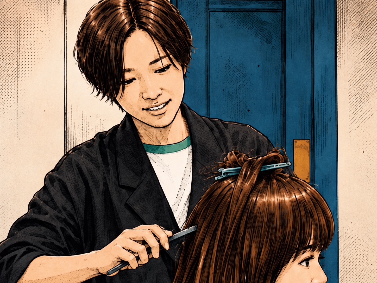 美容師として施術する糸賀千明の漫画風イラスト