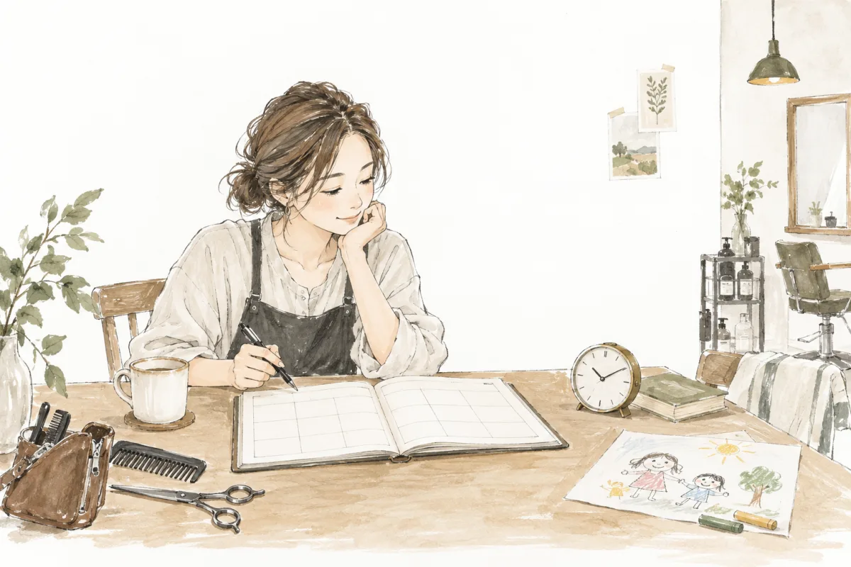 手帳と子どもの絵をそばに置いて、これからの予定を考える美容師のイラスト