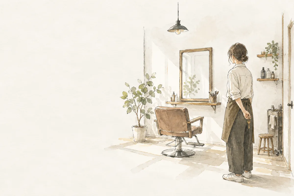 一席の小さな美容室で、自分のお店を見つめる美容師のイラスト